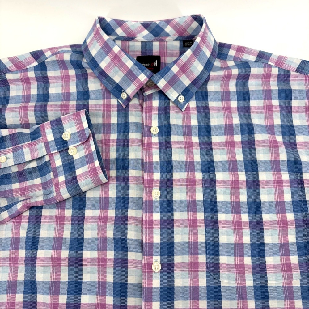 Johnnie-O Performance Mens XL Plaid Button Down Shirt Blue Purple Bamboo Stretch
